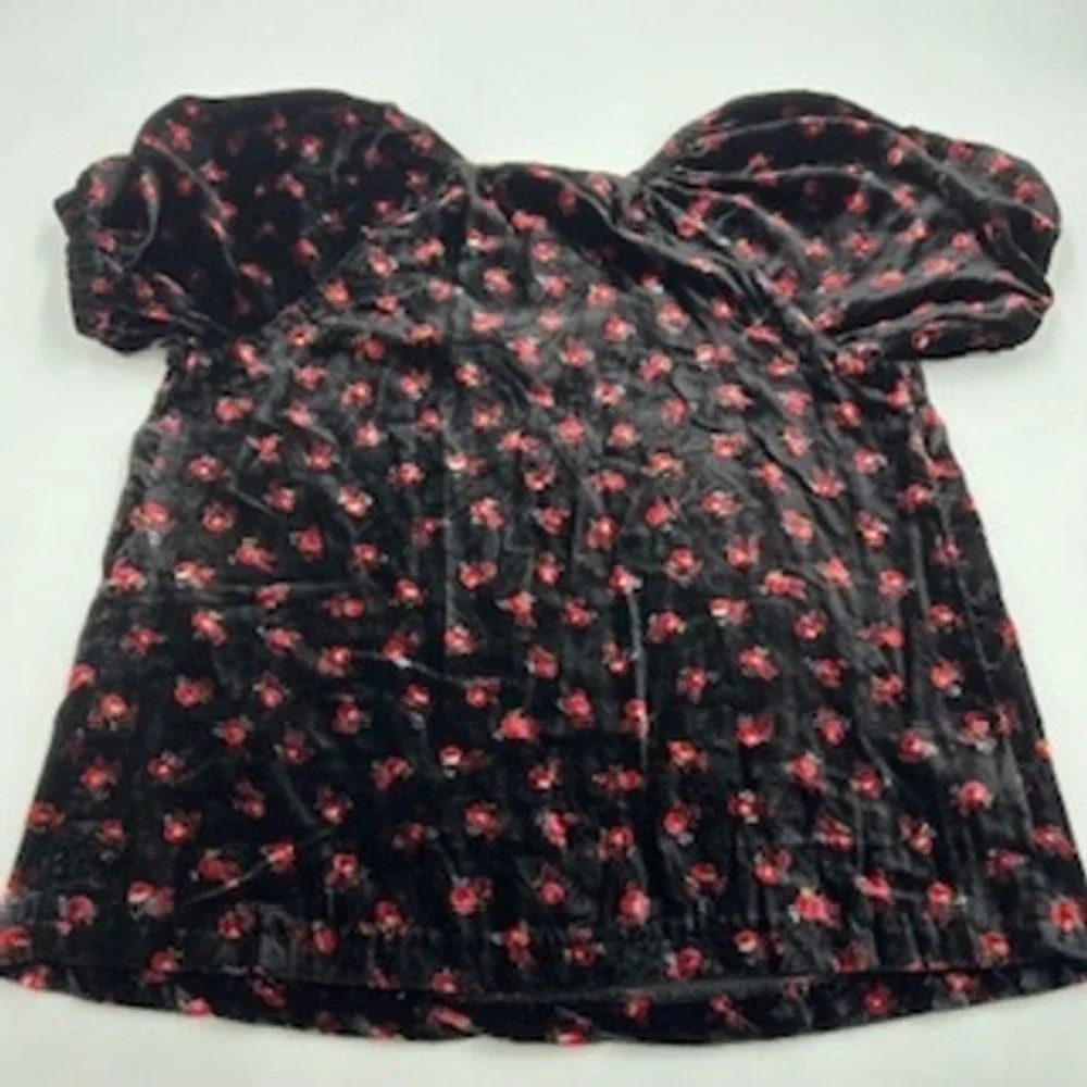 LOFT Womens Black Red Floral Velvet Sweetheart Puff Sleeve Blouse Top Small‎